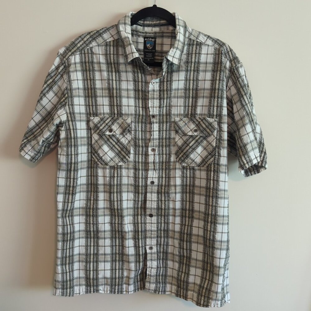 Kuhl Sz XL Textured Black Brown White Plaid Short Sleeve Shirt Pockets Hiking-lp
